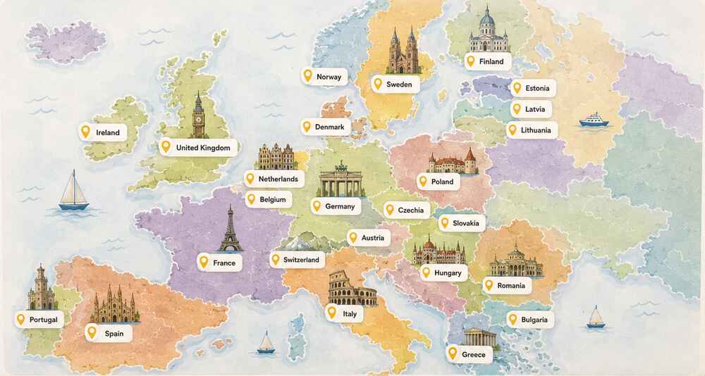 Illustrated map of Europe with country names and landmarks